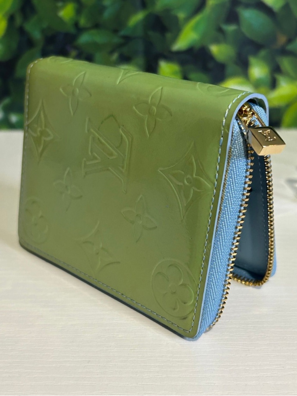 Louis Vuitton Olive Green Monogram Compact Zip Wallet with Blue Trim